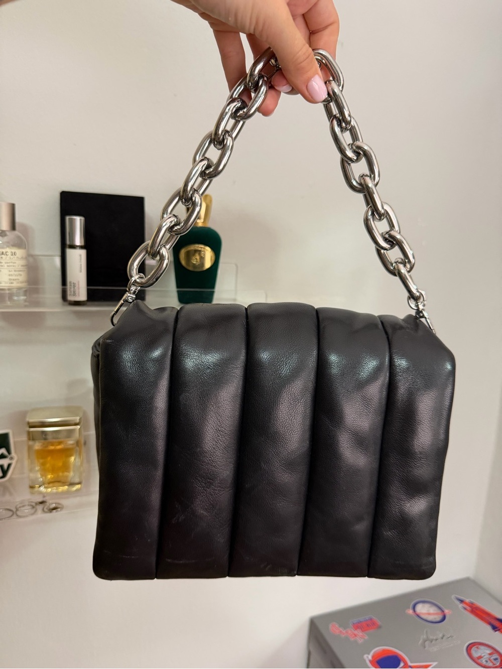 Stand Studio Black Quilted Leather Shoulder Bag with Silver Chain